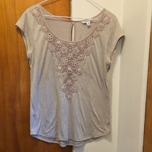 American Eagle Outfitters Beige Lace Accent Tee